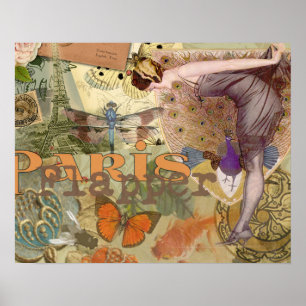 Vintage-Paris-Flapper-Art-Déco-Pfauen-Collage Poster
