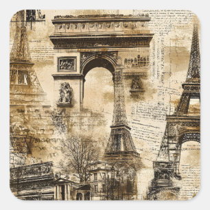 Vintage-Paris-Französisches-Wahrzeichen-Muster Quadratischer Aufkleber