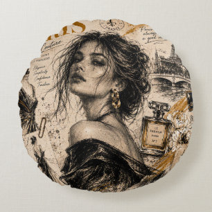 "Vintage Paris Haute Couture" Vintage-Skizze Rundes Kissen