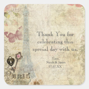 Vintage Paris Rosa Rosen Schloss & Schlüssel Chic  Quadratischer Aufkleber