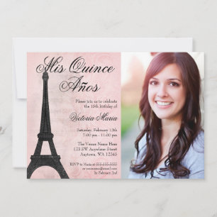 Vintage Paris Rosa Schwarze Sweet 15 Quinceanera Einladung