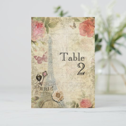 Vintage Paris Roses Wedding Tischnummer Card (Stehend Vorderseite)