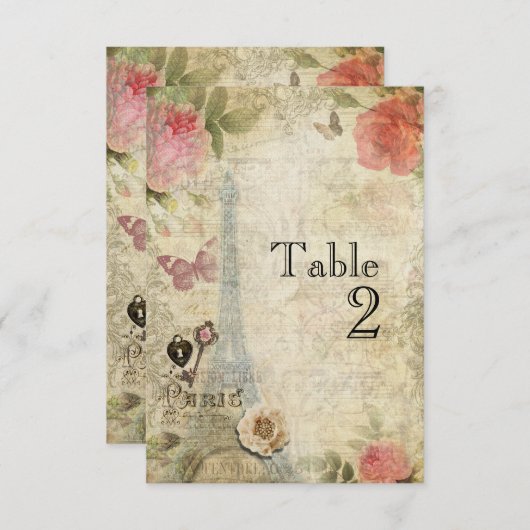 Vintage Paris Roses Wedding Tischnummer Card (Vorne/Hinten)