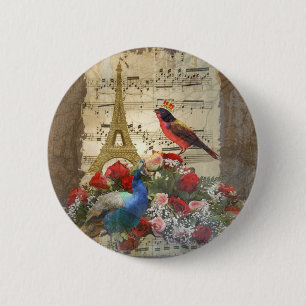 Vintage Paris- u. Vogelmusikblattcollage Button
