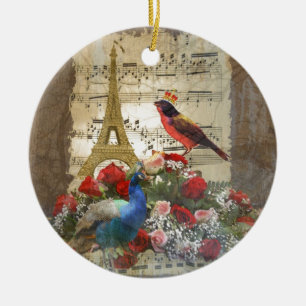 Vintage Paris- u. Vogelmusikblattcollage Keramik Ornament