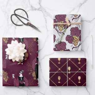 Vintage-Paris-Wein-Thema Burgund und Gold Geschenkpapier Set