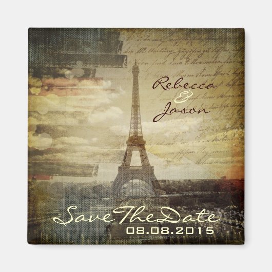 Vintage Pariser Eiffelturmhochzeit retten das Datu Magnet (Vorne)