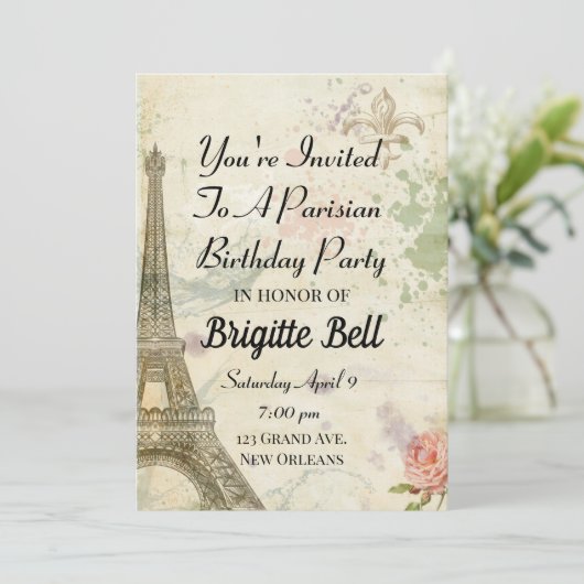 Vintage Pariser Geburtstagsparty Einladung (Stehend Vorderseite)
