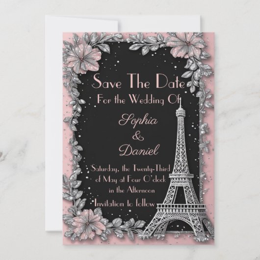 Vintage Pariser Rosa Silber Save-the-Date-Karte (Vorderseite)