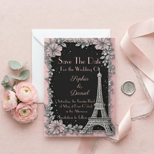 Vintage Pariser Rosa Silber Save-the-Date-Karte