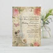 Vintage Pariser Rosen-Hochzeit Einladung (Stehend Vorderseite)
