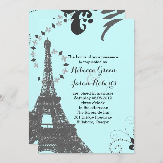 Vintage Parishochzeit im modernen Blaueiffelturm Einladung (Vorne/Hinten)