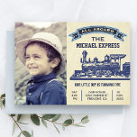 Vintage Party Einladung des Kindergeburtstags<br><div class="desc">Erleben Sie Ihren Gast mit diesem niedlichen Zugthema Geburtstagseinladung mit einem Vintagen blauen Motor mit einer auffälligen Typografie vor Pergament-Hintergrund. Fügen Sie einfach Ihre Veranstaltungsdetails zu dieser benutzerfreundlichen Vorlage hinzu und schmücken Sie diese Karte mit dem bevorzugten Foto Ihres Kindes, um sie zu einer einmaligen Einladung zu machen. Dreh die...</div>