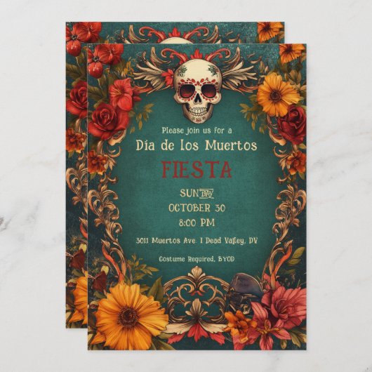 💀 🎉 Vintage Party Einladung Día de Muertos (Vorne/Hinten)