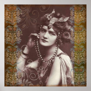 Vintage-Party-Girl auf viktorianischem Wandteppich Poster