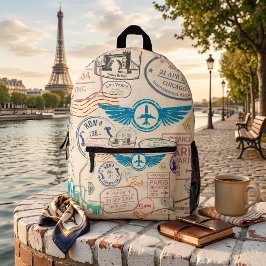 Vintage Passport Travel Stamp Collage Backpack Bedruckter Rucksack