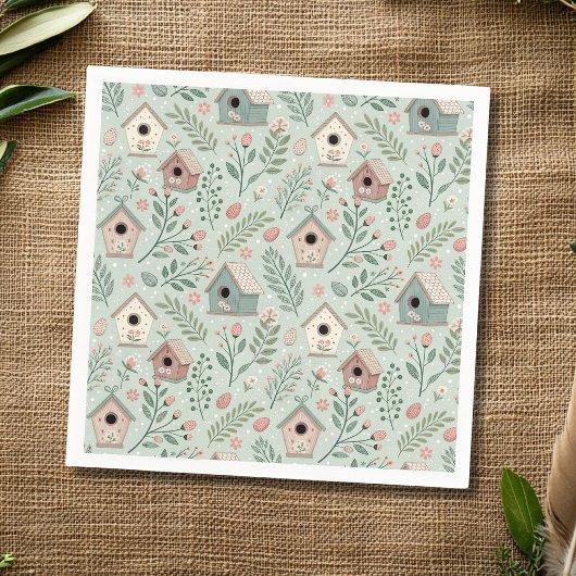 Vintage Pastel Birdhouses with Floral Blooms Serviette
