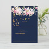 Vintage pastel flowers gold navy blue RSVP Einladung (Stehend Vorderseite)