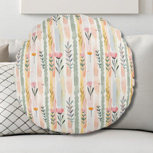 Vintage Pastell-Aquarell-Blumenstreifen Rundes Kissen
