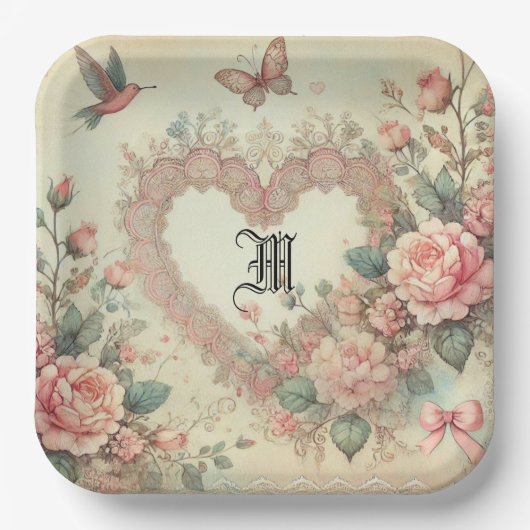 Vintage Pastell Aquarell Boho Florale Herzen Pappteller (Vorderseite)