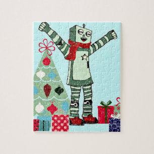 Vintage-Pastell-Festtags-Roboterjunge, Baum und Ge Puzzle