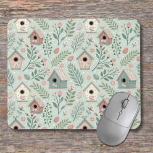 Vintage-Pastell-Vogelhäuschen mit floralen Blüten Mousepad