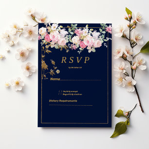Vintage-Pastellblumen Gold Navyblau RSVP Einladung