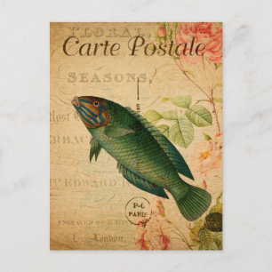 Vintage-Pastellgrüner Lappenzahnfisch-Blumenmuster Postkarte