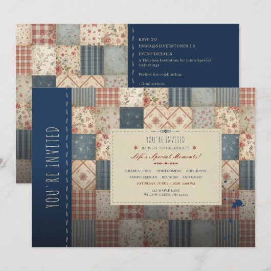 Vintage Patchwork-Quilt für jeden Anlass Einladung (Vorne/Hinten)