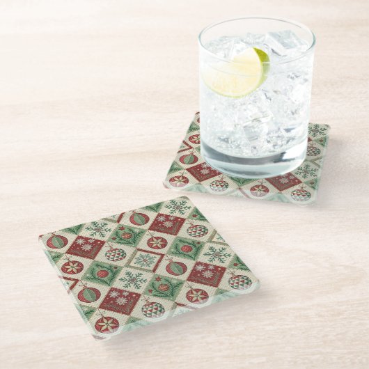 Vintage-Patchwork-Quilted-Christmas-Muster Glasuntersetzer (Schrägansicht)