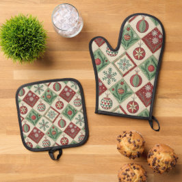 Vintage-Patchwork-Quilted-Christmas-Muster Ofenhandschuh & Topflappen-Set