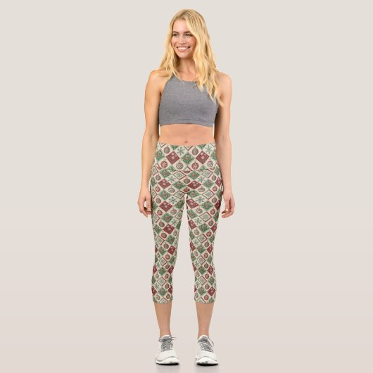 Vintage-Patchwork-Steppdecke-Weihnachtsmuster Capri Leggings (Vorderseite)