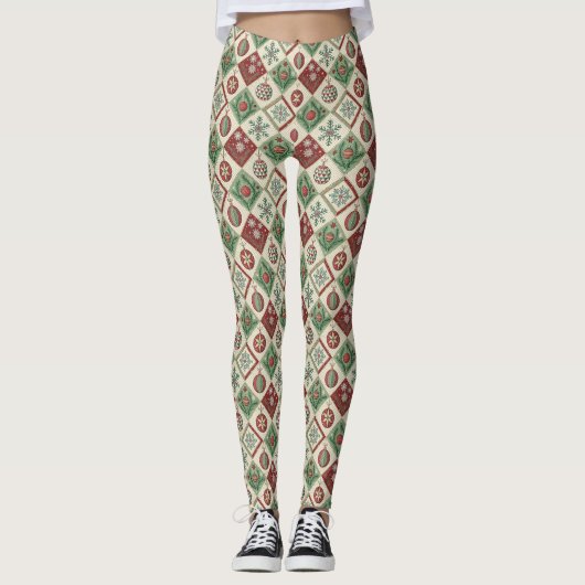 Vintage-Patchwork-Steppdecke-Weihnachtsmuster Leggings (Vorderseite)