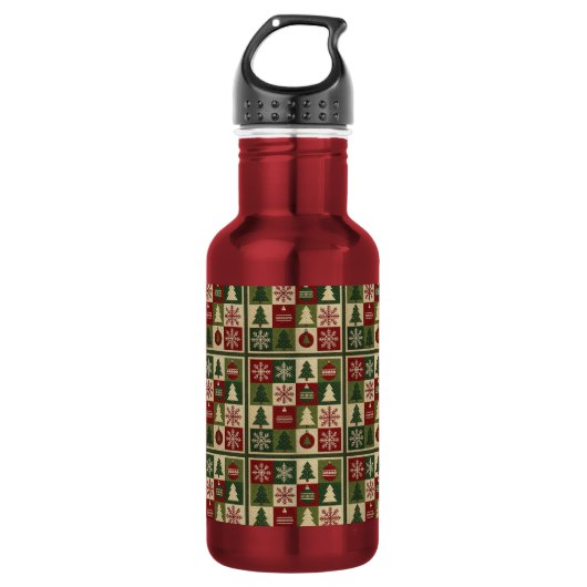 Vintage, Patchwork-Steppoptik rustikales Weihnacht Edelstahlflasche (Vorderseite)