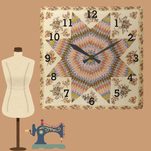 Vintage Patchwork Stern Quilt Nähzimmer Quadratische Wanduhr