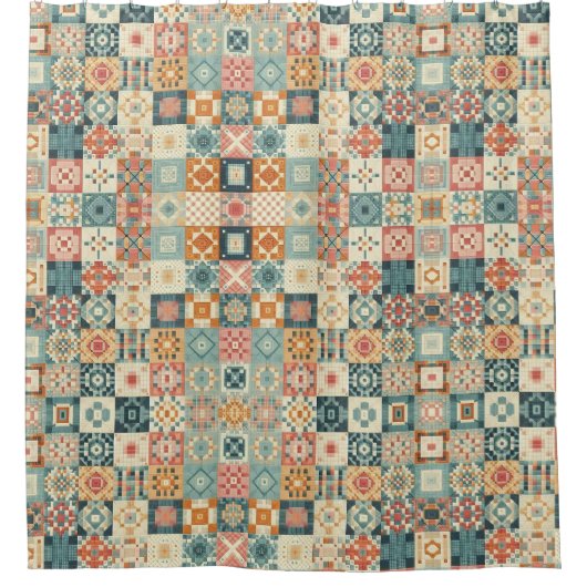 Vintage, patchworkartiger Quilt-Look Duschvorhang (Vorderseite)