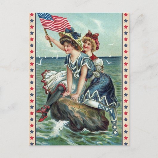 Vintage Patriotic Beach Women Postcard Postkarte (Vorderseite)