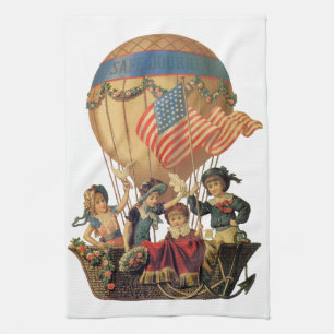 Vintage patriotisch, Kinder in einem Heißluftballo Geschirrtuch