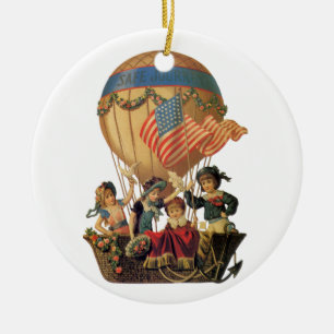 Vintage patriotisch, Kinder in einem Heißluftballo Keramik Ornament
