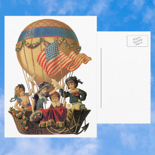 Vintage patriotisch, Kinder in einem Heißluftballo Postkarte