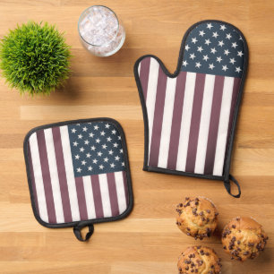 Vintage Patriotische Amerikanische Flagge Ofenhandschuh & Topflappen-Set