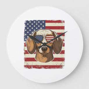 Vintage-patriotische Dackel-Flaggen-Sonnenbrille V Große Wanduhr