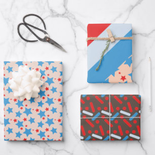 Vintage patriotische Sterne Streifen Streusel Blau Geschenkpapier Set