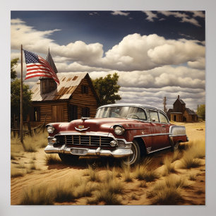 Vintage-patriotischer Americana-Auto-Digitaldruck Poster