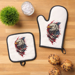 Vintage patriotischer amerikanischer Adler 4. Juli Ofenhandschuh & Topflappen-Set