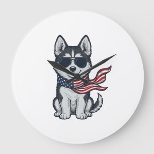 Vintage patriotischer Husky-Welpen-Vektor-Design_1 Große Wanduhr