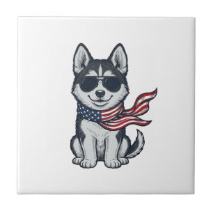 Vintage patriotischer Husky-Welpen-Vektordesign_1 Fliese