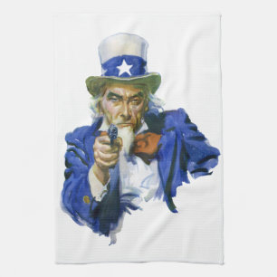Vintage patriotischer Onkel Sam mit Sternenhut und Geschirrtuch