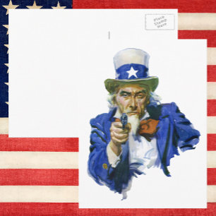 Vintage patriotischer Onkel Sam mit Sternenhut und Postkarte