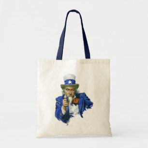 Vintage patriotischer Onkel Sam mit Sternenhut und Tragetasche